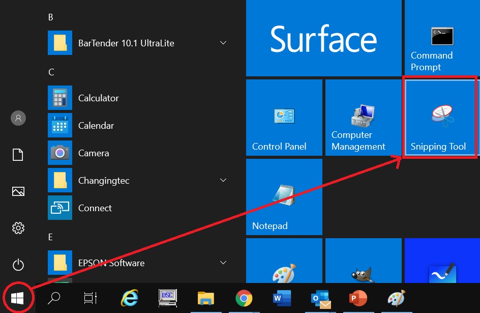 Windows 10 Snipping Tool pinned to Start