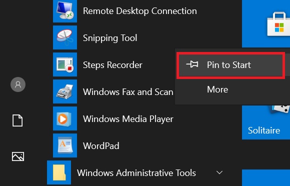 pin to start-Windows 10 Snipping Tool
