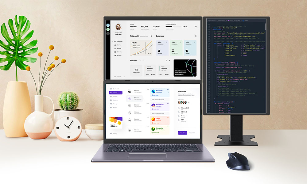 vertical triple monitors with laptop 